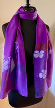 Load image into Gallery viewer, Purple Flowers water marbled Silk, Scarf, table runner or wall hanging.scarf ... original.
