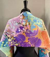 Load image into Gallery viewer, Summer Colors twice marbled two sided Charmeuse Silk 72x14” bold fun . This beautiful silk makes a unique dresser.  cover and scarf
