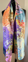 Load image into Gallery viewer, Summer Colors twice marbled two sided Charmeuse Silk 72x14” bold fun . This beautiful silk makes a unique dresser.  cover and scarf
