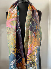 Load image into Gallery viewer, Over marbled water marbled random over flame pattern Silk, Scarf, table runner or wall hanging.scarf ... original.
