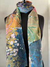 Load image into Gallery viewer, Over marbled water marbled random over flame pattern Silk, Scarf, table runner or wall hanging.scarf ... original.
