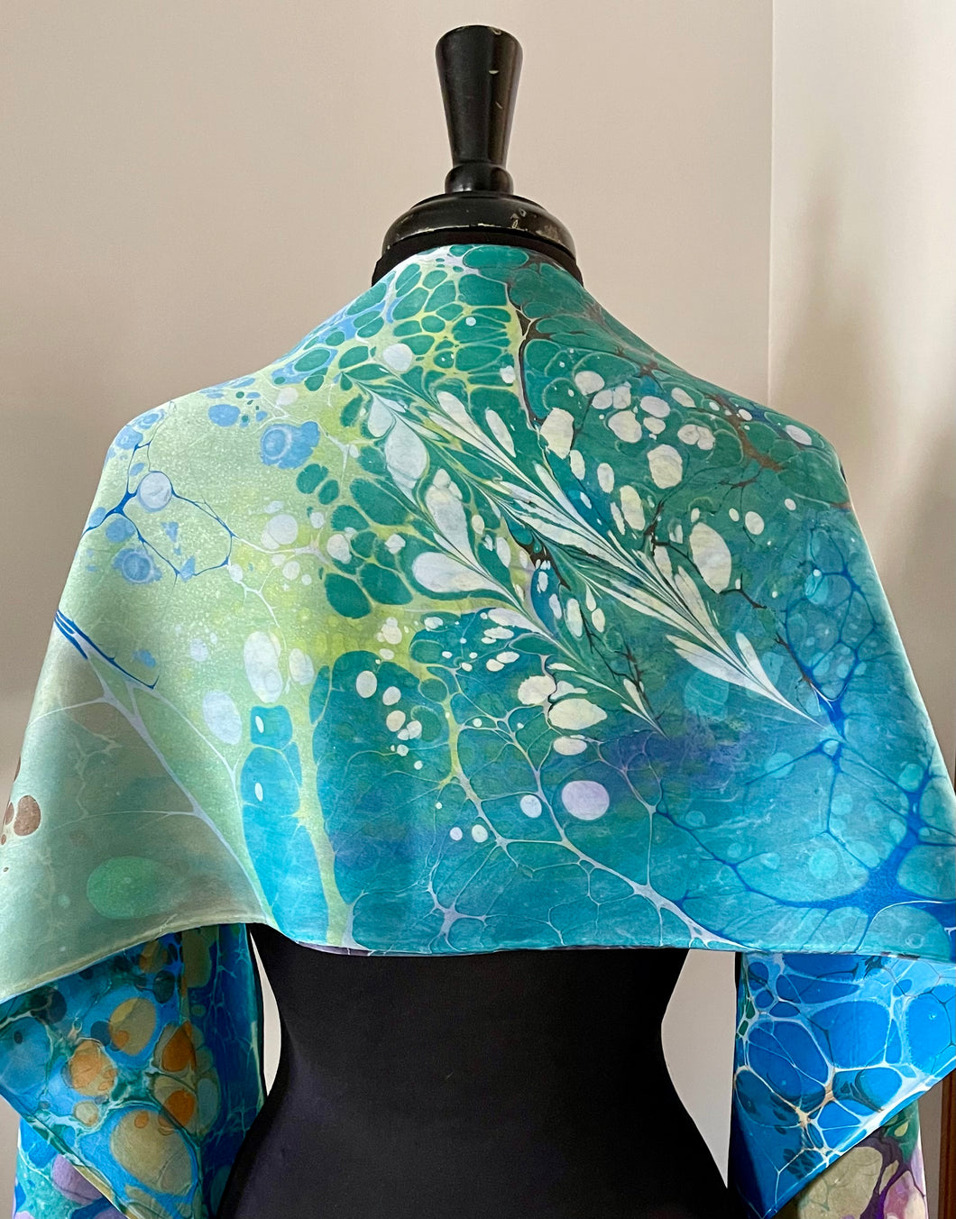 Monet’s Pond Charmeuse Silk 72x14” bold fun. This beautiful silk makes a  unique dresser cover and scarf.