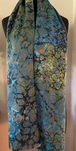 Load image into Gallery viewer, Green Italian Vein marbled  Charmeuse  Silk 72x14” bold fun. This beautiful silk makes a unique dresser cover and scarf
