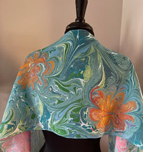 Load image into Gallery viewer, Flowers water marbled 8mm Habotai silk.  Hang on the wall, use as a table runner or wear this unique piece
