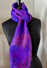 Load image into Gallery viewer, Purple Frogs Foot.  Water Marbled Habotai Silk 14x72.
