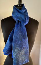 Load image into Gallery viewer, Blue Bouquet marbled  Charmeuse  Silk 72x14” bold fun. This beautiful silk makes a unique dresser cover and scarf
