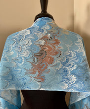 Load image into Gallery viewer, Blue brown bouquet traditional  water marbled 8mm Habotai silk.  Hang on the wall, use as a table runner or wear this unique piece
