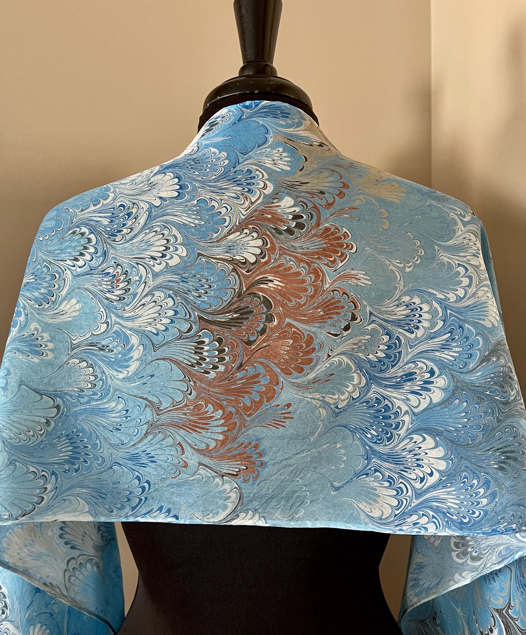 Blue brown bouquet traditional  water marbled 8mm Habotai silk.  Hang on the wall, use as a table runner or wear this unique piece