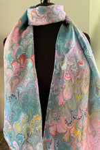 Load image into Gallery viewer, Pink blue yellow bouquet  water marbled 8mm Habotai silk.  Hang on the wall, use as a table runner or wear this unique piece
