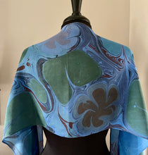 Load image into Gallery viewer, Blue Floral Habotai Silk 14x72 turquoise with red accents. This beautiful silk makes a unique dresser cover and scarf
