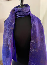 Load image into Gallery viewer, Purple Burgundy Blue bouquet Water Marbled Habotai Silk 14x72.
