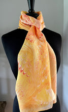 Load image into Gallery viewer, Orange yellow water marbled 8mm Habotai silk.  Hang on the wall, use as a table runner or wear this unique piece
