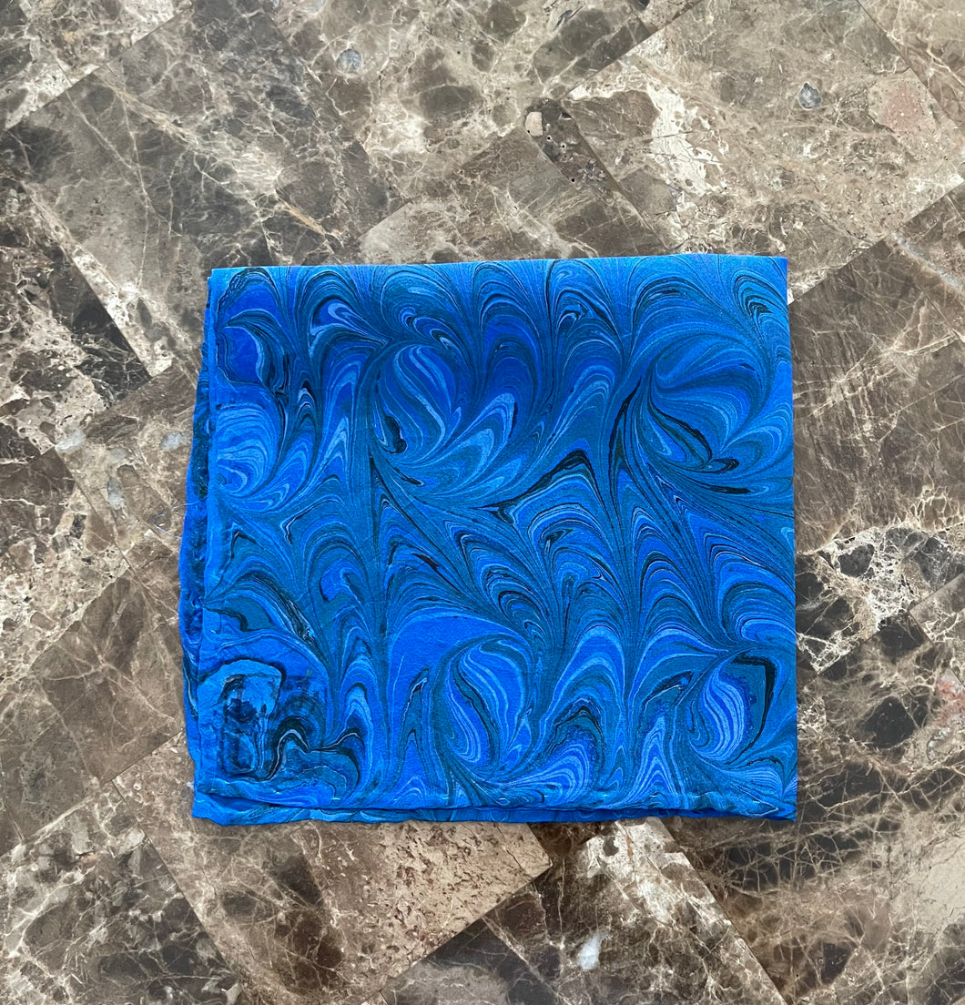 Blue Marbled 11x11”  Habotai silk,  pocket square, doily, hair tie, or accessorize your dog.