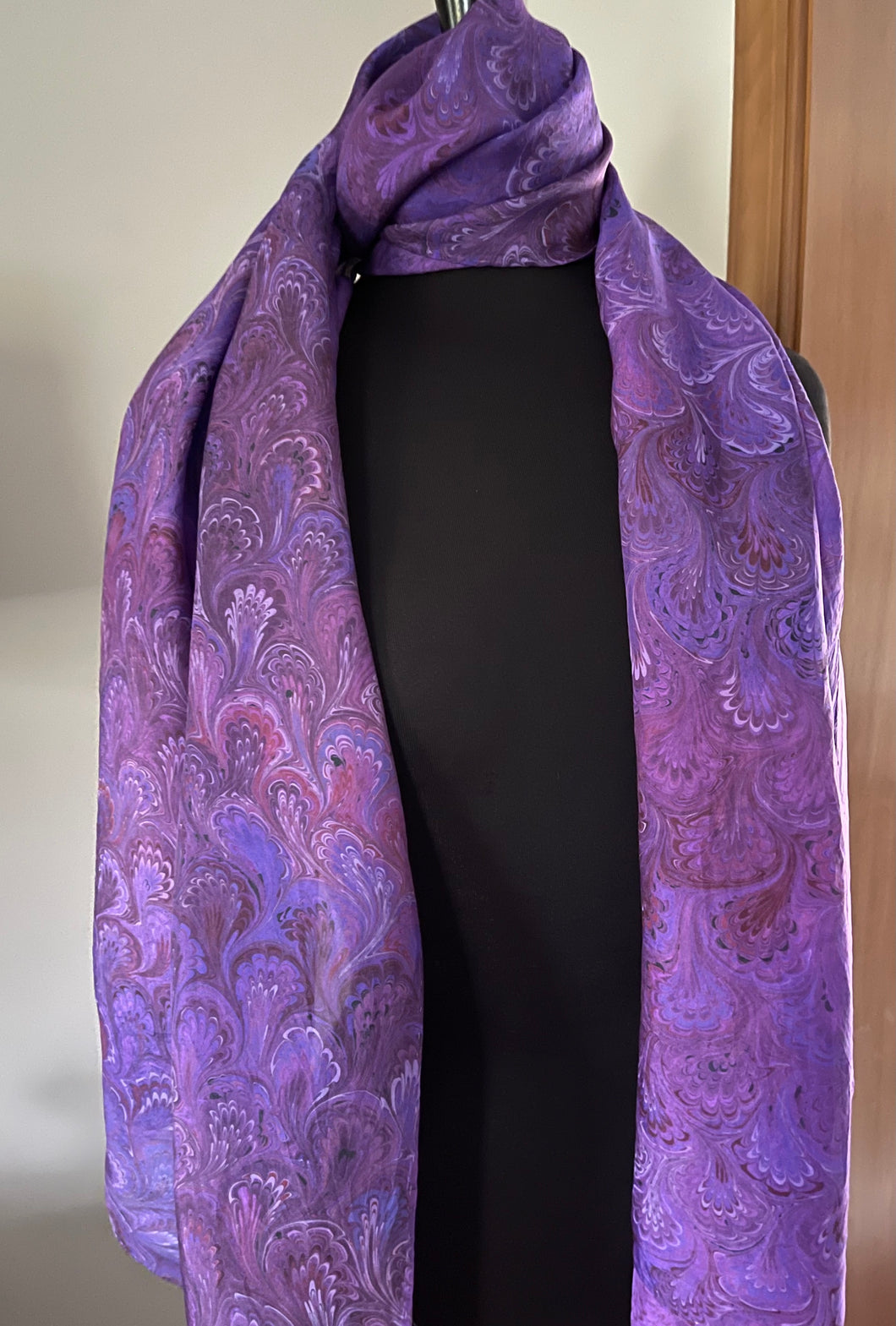 Purple Bouquet Pattern Shawl 72x22” Water marbled silk