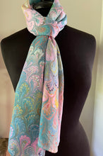 Load image into Gallery viewer, Pink blue yellow bouquet  water marbled 8mm Habotai silk.  Hang on the wall, use as a table runner or wear this unique piece
