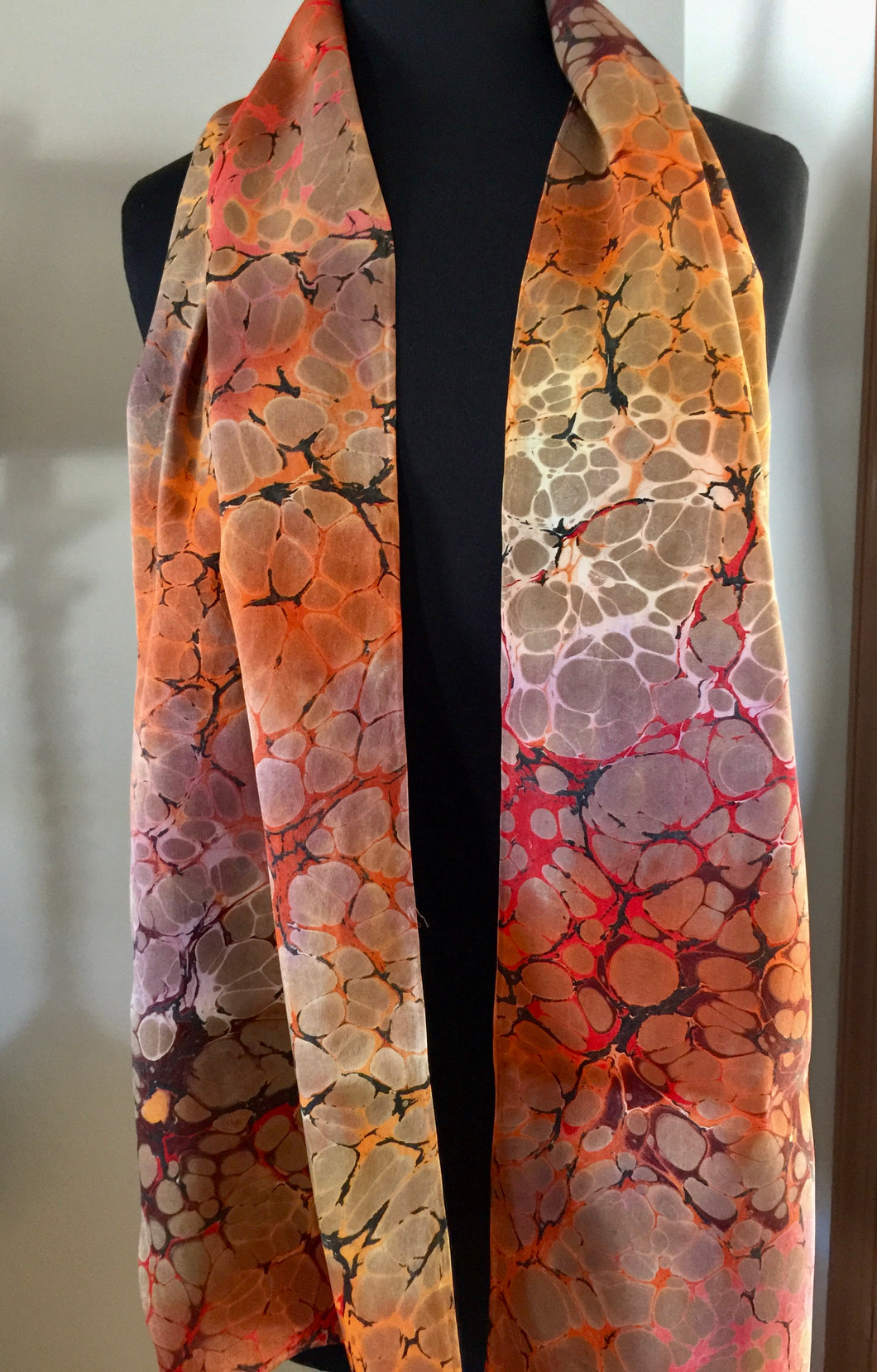 Orange Italian vein  Charmeuse  Silk 72x14” bold fun. This beautiful silk makes a unique dresser cover and scarf