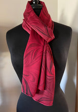 Load image into Gallery viewer, Red flame  marbled Charmeuse  Silk 72x14” bold fun. This beautiful silk makes a unique dresser cover and scarf
