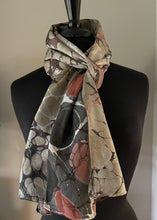 Load image into Gallery viewer, Twice marbled neutral Italian Vein &amp; Stone pattern Charmeuse  Silk 72x14” bold fun. This beautiful silk makes a unique dresser cover and scarf
