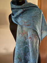 Load image into Gallery viewer, Blue Bouquet Shawl 72x22” Water marbled silk
