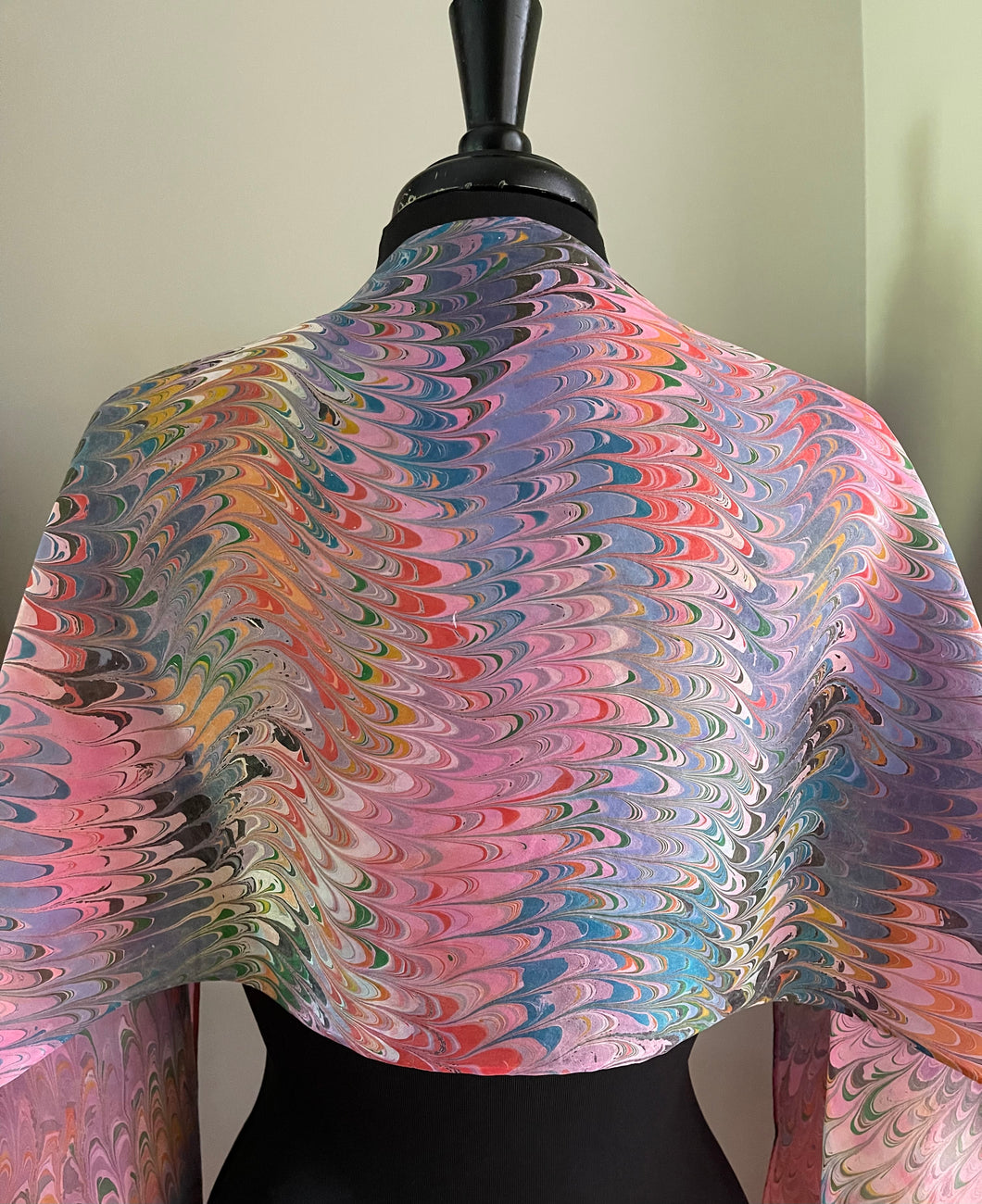 Combed design on multidyed silk.  Water Marbled Habotai Silk 14x72.