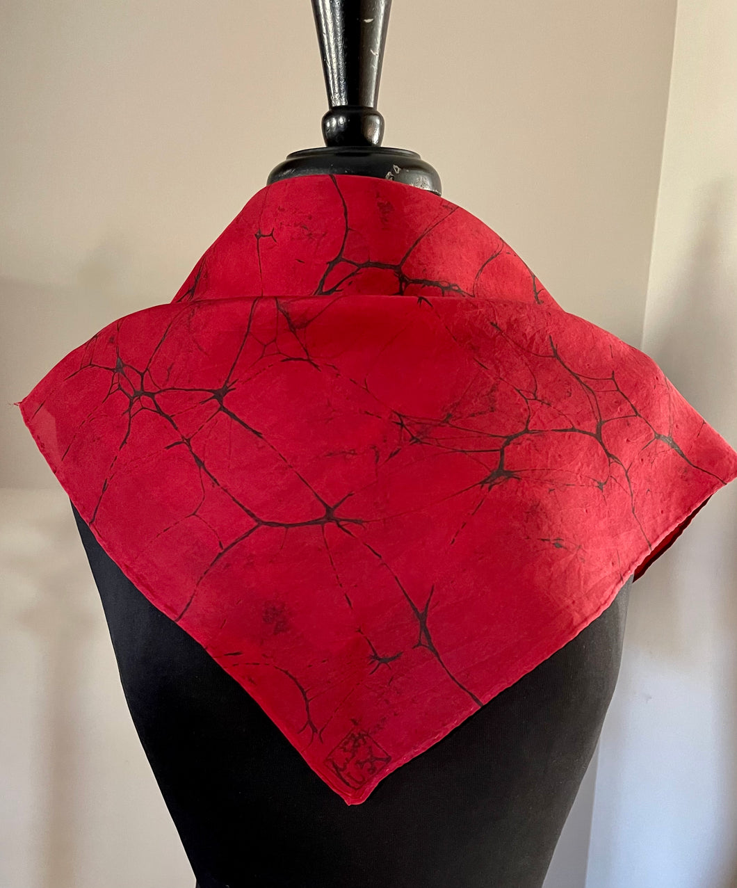 Red Italian Vein 21x21 Square Habotai silk. Wear this unique piece in your hair, as a neckerchief, pocket square, or accessorize your dog.