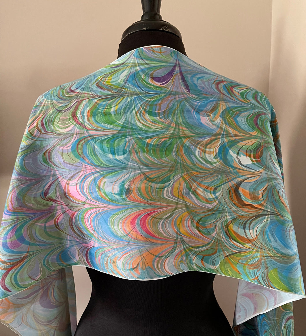 Double marbled  blue orange pink  Charmeuse  Silk 72x14” bold fun. This beautiful silk makes a unique dresser cover and scarf