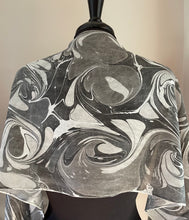 Load image into Gallery viewer, Black gray white French curl   water marbled 8mm Habotai silk.  Hang on the wall, use as a table runner or wear this unique piece
