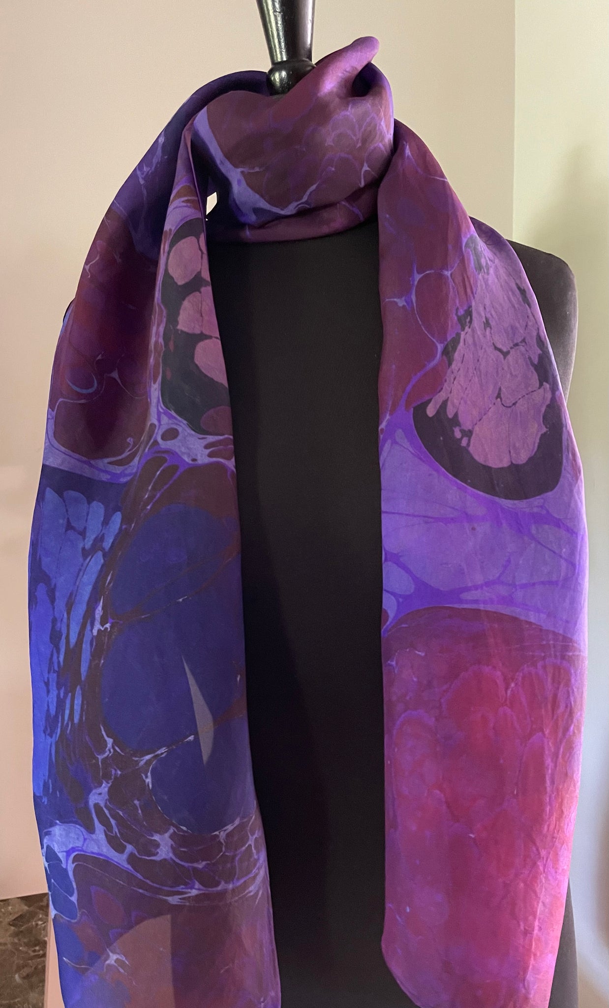 Purple Kandinsky. Water Marbled Habotai Silk 14x72. – Shibumi Silks