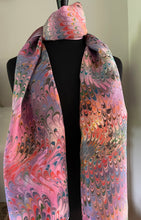 Load image into Gallery viewer, Combed design on multidyed silk.  Water Marbled Habotai Silk 14x72.
