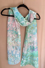 Load image into Gallery viewer, Green Pink bouquet  one of a kind water marbled 8mm Habotai silk.  Hang on the wall, use as a table runner or wear this unique piece
