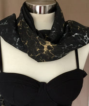Load image into Gallery viewer, Black dyed Marbled  Gold Silver Tokyo Collection Silk, 14&quot;x72&quot; Habotai 8mm, Gift boxed with scarf tying guide
