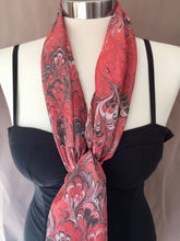 Load image into Gallery viewer, Red black bouquet  water marbled 8mm Habotai silk.  Hang on the wall, use as a table runner or wear this unique piece
