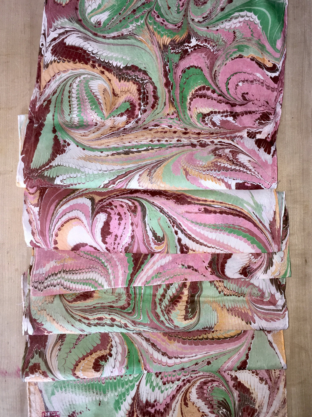 Pink Green Brown Combed Swirl Patterned Habotai Silk 14x72