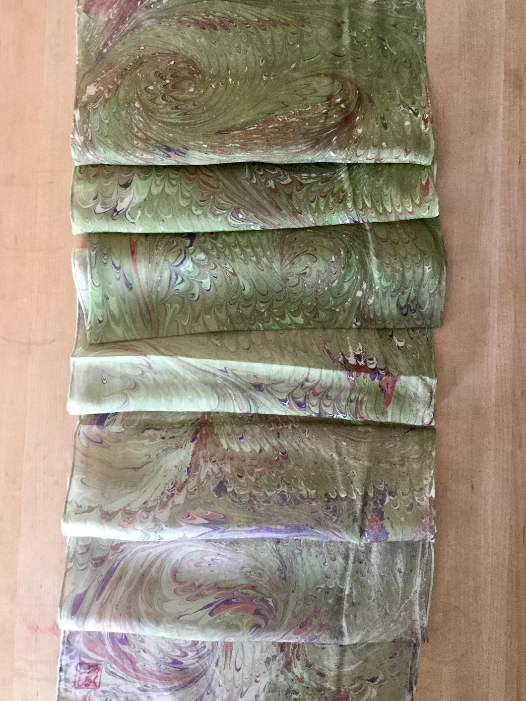 Green Beige Purple Combed Swirl Patterned Habotai Silk 14x72