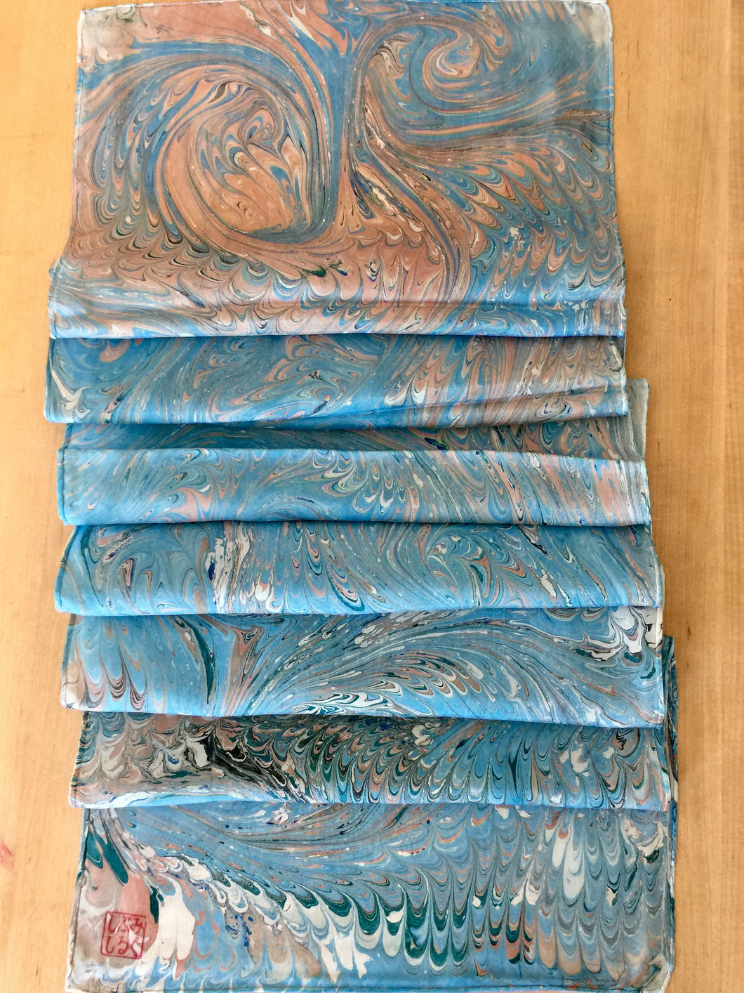 Blue Beige Combed Swirl Patterned Habotai Silk 14x72