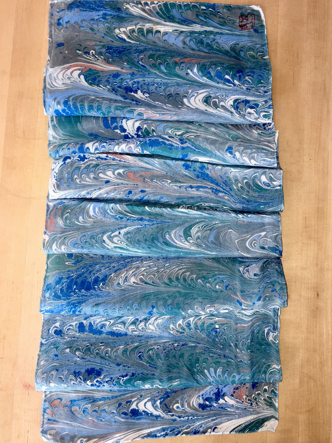 Blue Combed Swirl Patterned Habotai Silk 14x72