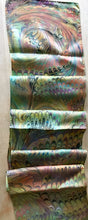 Load image into Gallery viewer, Multi dyed Orange green purple comb Charmeuse  Silk 8x52” bold fun. This beautiful silk makes a unique dresser cover and scarf
