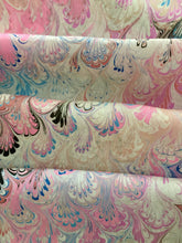 Load image into Gallery viewer, Pink blue bouquet  water marbled 8mm Habotai silk.  Hang on the wall, use as a table runner or wear this unique piece
