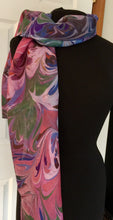 Load image into Gallery viewer, Multi dyed pink, green, purple, blue orange random Silk 14x72 bold fun. This beautiful silk makes a unique dresser cover and scarf

