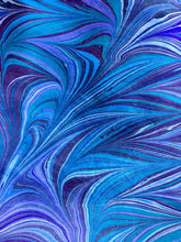 Load image into Gallery viewer, Purple blue teal water marbled 8mm Habotai silk.  Hang on the wall, use as a table runner or wear this unique piece
