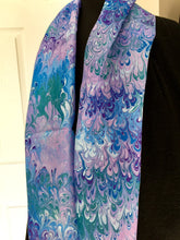 Load image into Gallery viewer, Blue purple teal bouquet  water marbled 8mm Habotai silk.  Hang on the wall, use as a table runner or wear this unique piece
