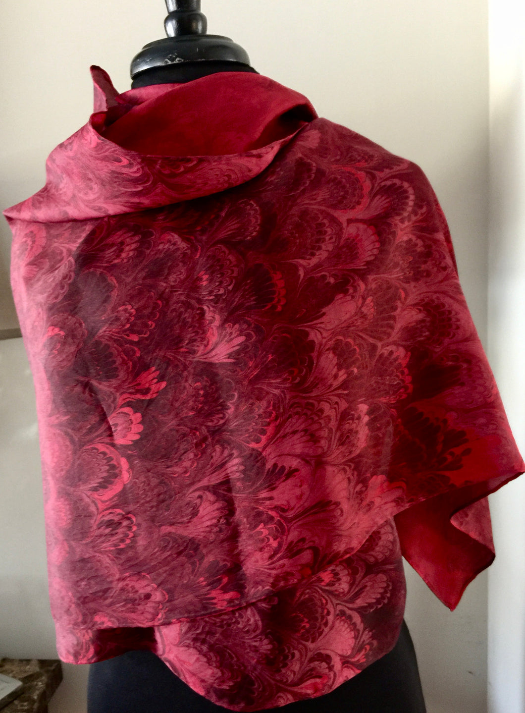Red Bouquet Pattern Shawl 72x22” Water marbled silk