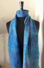 Load image into Gallery viewer, Blue and green Bouquet Habotai Silk 14x72 bold fun. This beautiful silk makes a unique dresser cover and scarf

