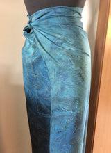Load image into Gallery viewer, Sarong Wrap 44x69 water marbled Habotai Silk combed and swirled in shades of teal, aqua and navy blue.
