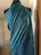 Load image into Gallery viewer, Sarong Wrap 44x69 water marbled Habotai Silk combed and swirled in shades of teal, aqua and navy blue.
