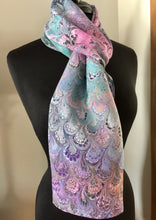 Load image into Gallery viewer, Pink, purple, teal with multicolor accents Bouquet Habotai Silk 14x72 bold fun. This beautiful silk makes a unique dresser cover and scarf
