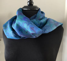 Load image into Gallery viewer, Blue and green Bouquet Habotai Silk 14x72 bold fun. This beautiful silk makes a unique dresser cover and scarf

