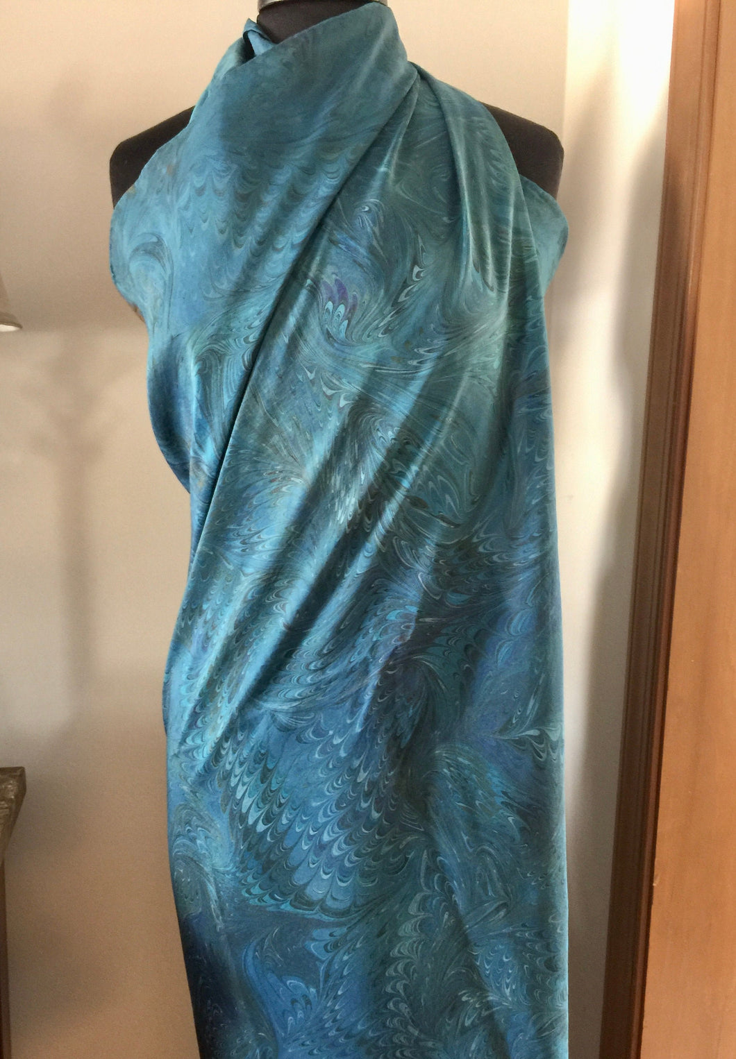 Sarong Wrap 44x69 water marbled Habotai Silk combed and swirled in shades of teal, aqua and navy blue.
