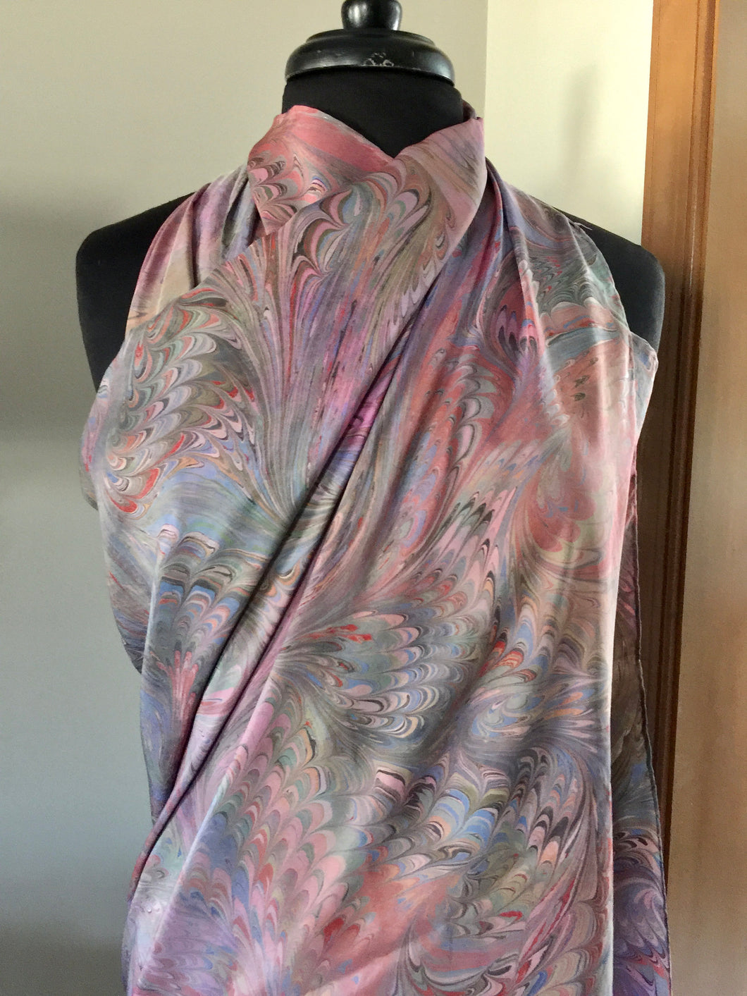 Multicolored Sarong Wrap 44x69 water marbled Habotai Silk combed and swirled pattern.