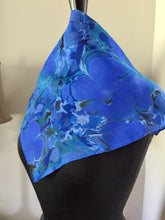 Load image into Gallery viewer, Blue floral  21x21 Square Habotai silk. Wear this unique piece in your hair, as a neckerchief, pocket square, or accessorize your dog.
